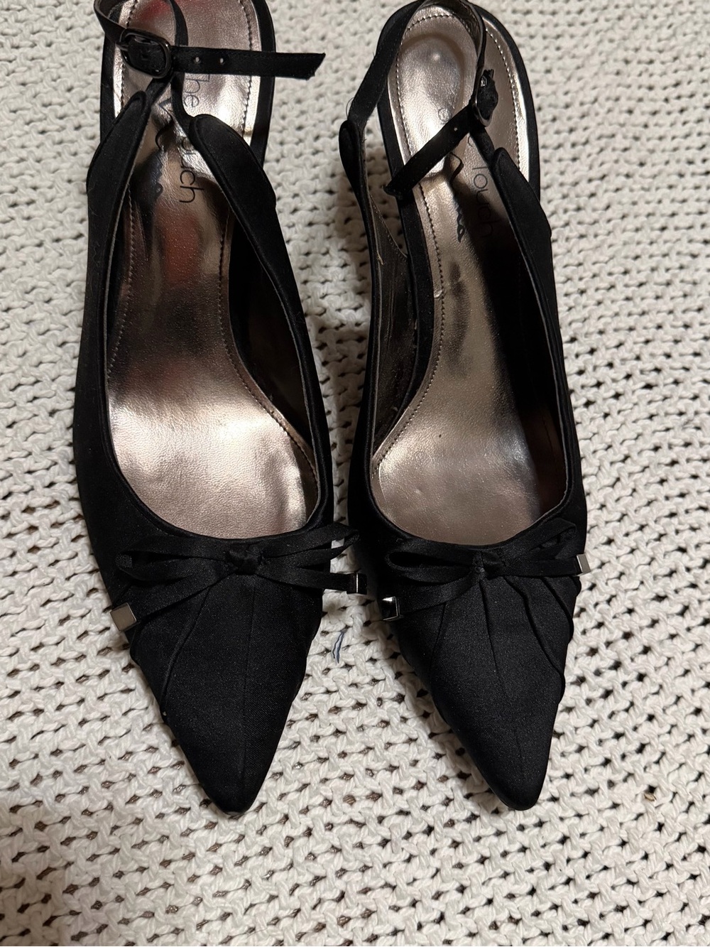 Black Pointed Toe Slingback Heels with Bow